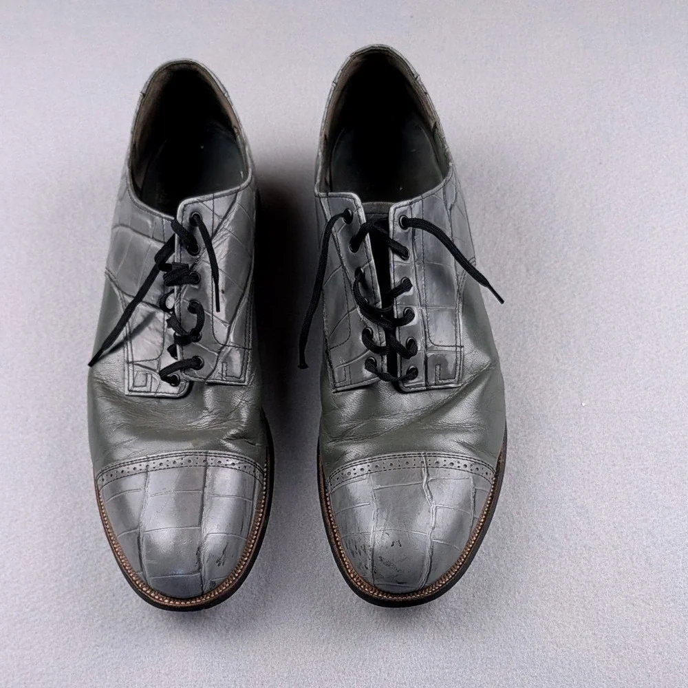 Stacy Adams Mens Grey Croc Embossed Leather Cap Toe Oxford Dress Shoes Size 13 D
